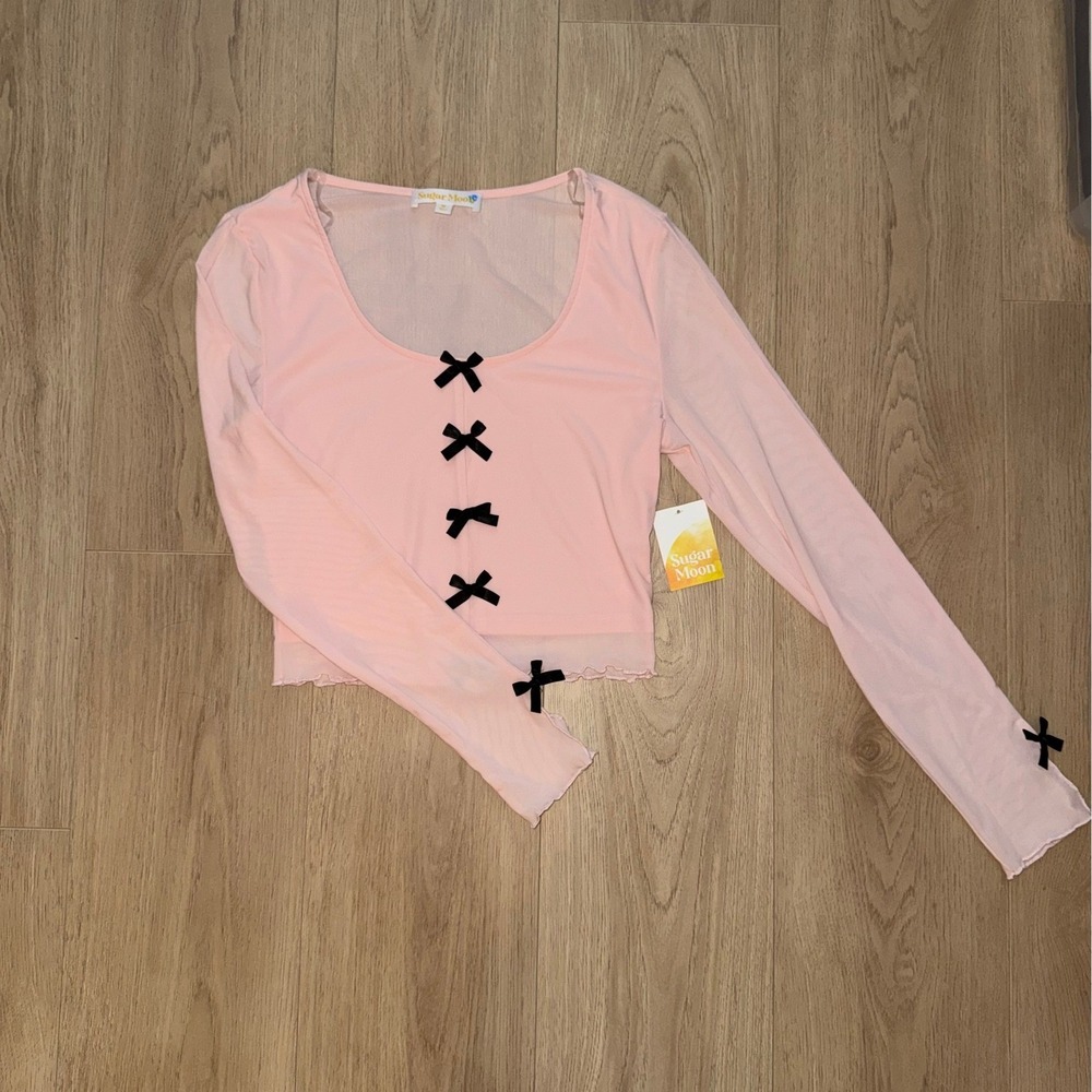 Sugar‎ Moon Pink Mesh Long Sleeve Bow Top Coquette Scoop Neck Crop Medium NWT